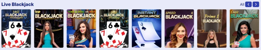 TrustStake Casino live blackjack section with multiple blackjack tables