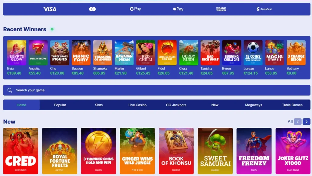 TrustStake Casino games lobby with payment methods, recent winners and new slots