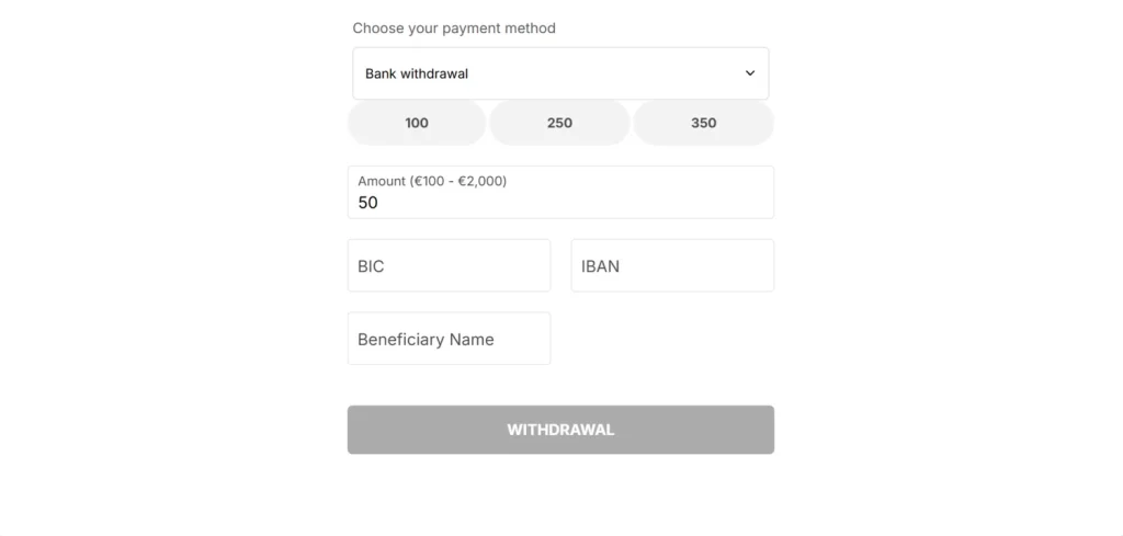 TrustStake Casino bank withdrawal form with IBAN and beneficiary details
